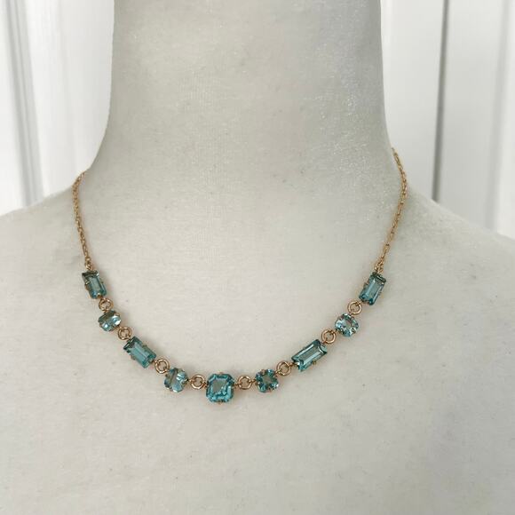 New Ralph Lauren Aqua Pale Blue Baguette Jewel Frontal Gold Tone Chain Necklace - Picture 2 of 9
